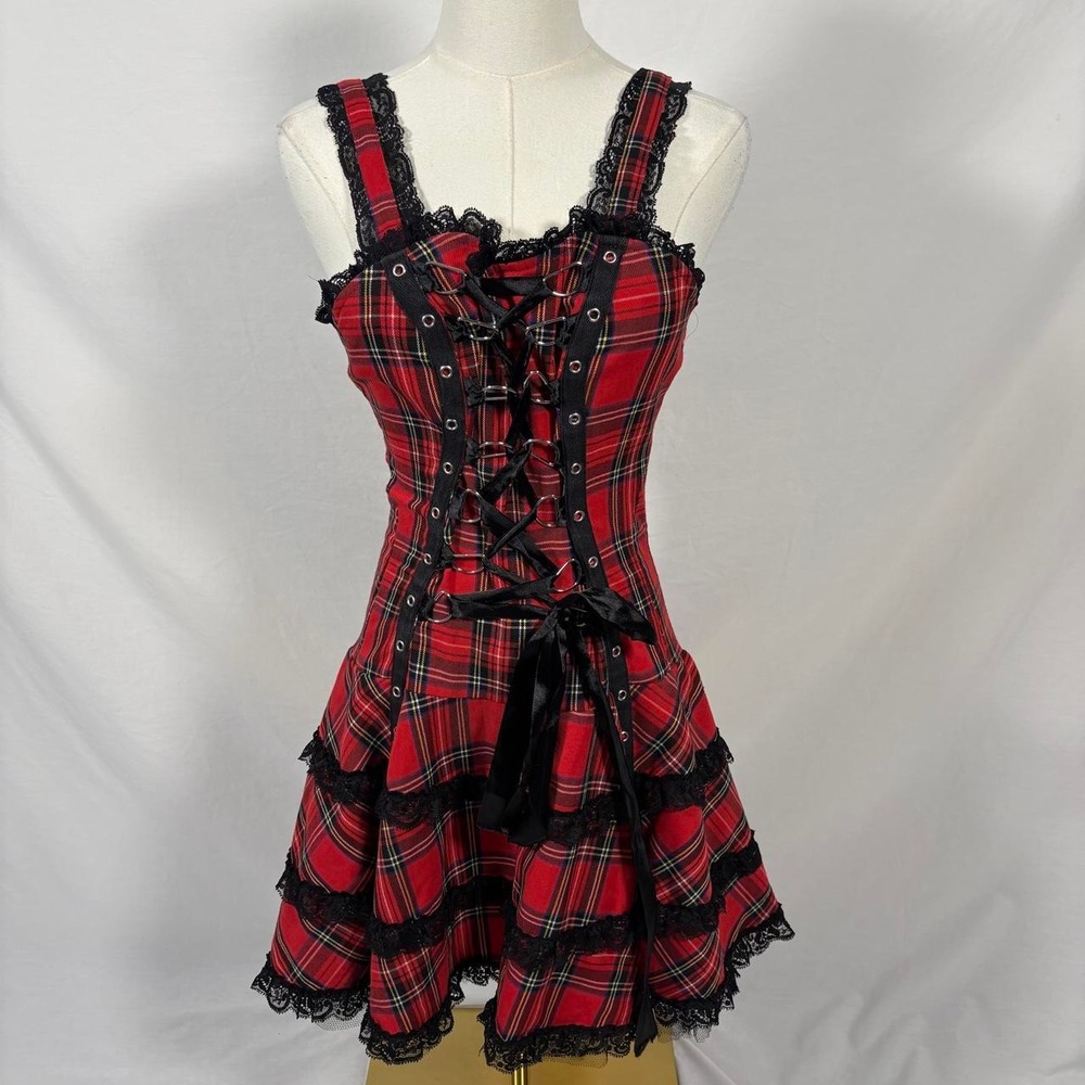 Hearts & Roses black red plaid mini dress lace up size 10 grunge punk alt